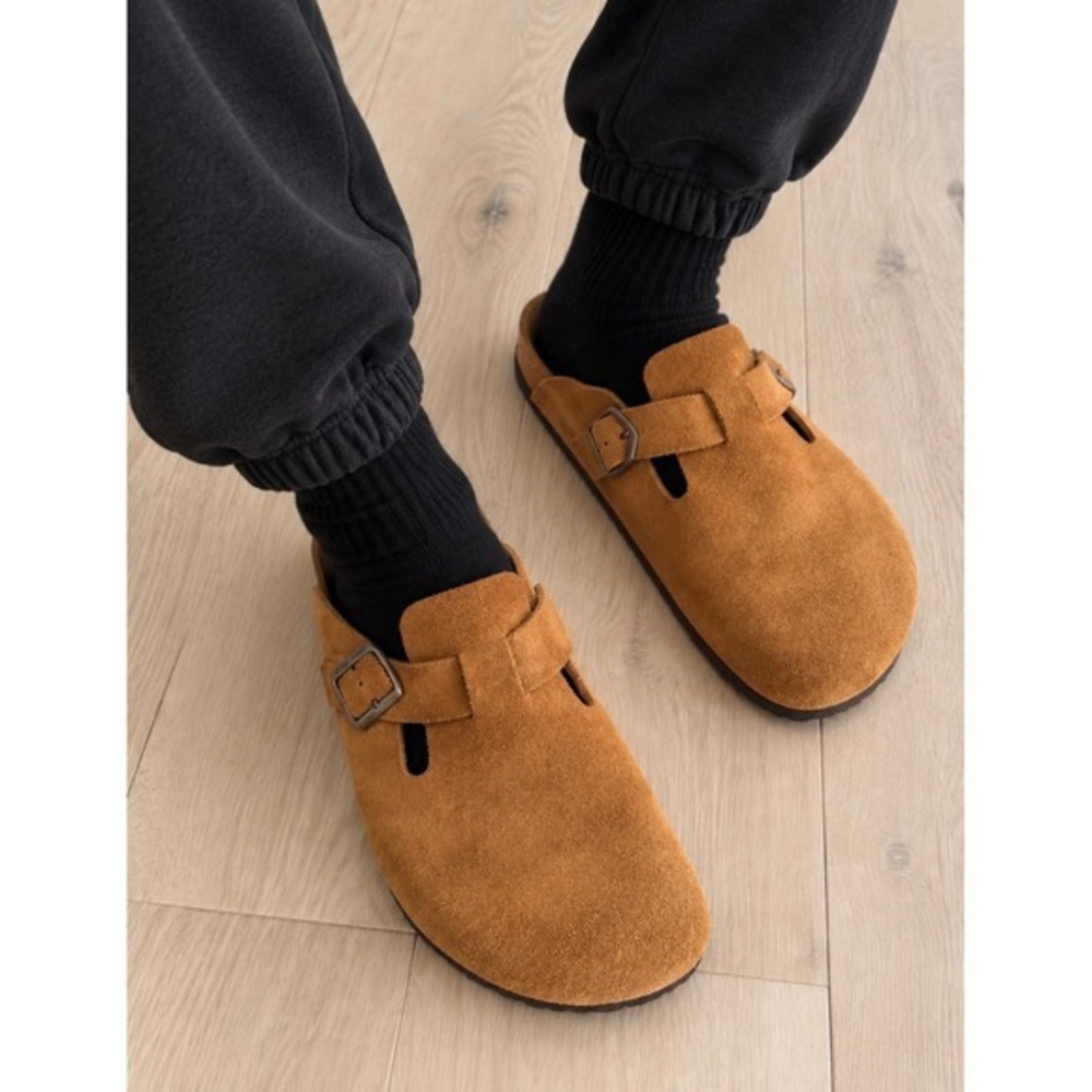 SOFTYOHO Suede Leather Clogs Brown Cork Footbed Buckle Mule Shoes M 9 L 11 EU42